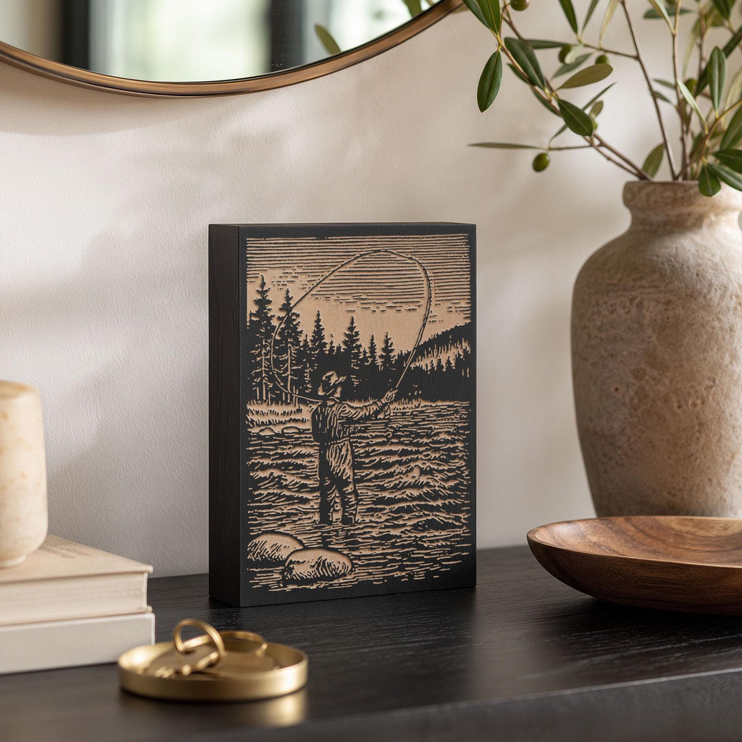Fly Fisherman in River Engraved Wood Panel