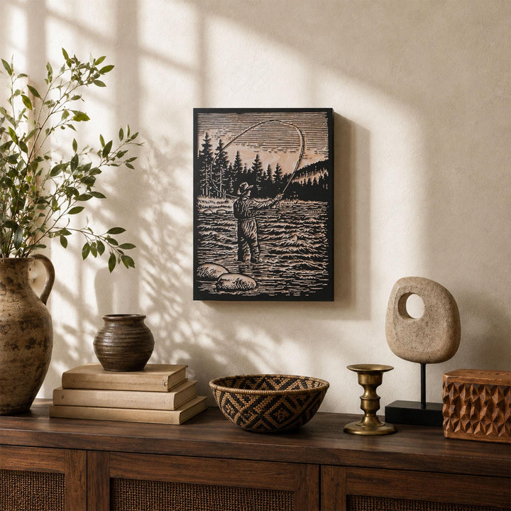 Fly Fisherman in River Engraved Wood Panel