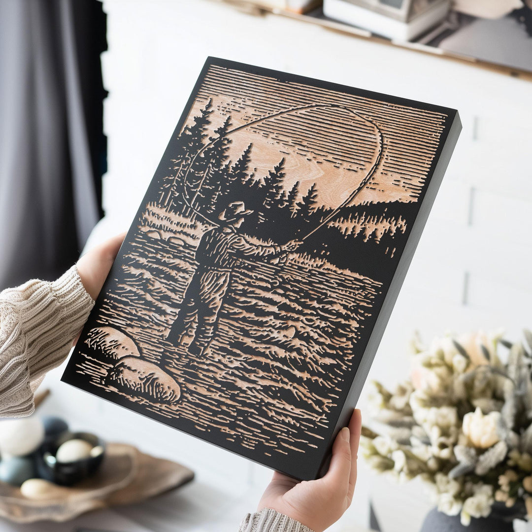 Fly Fisherman in River Engraved Wood Panel