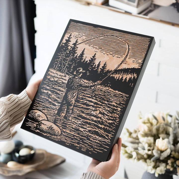 Fly Fisherman in River Engraved Wood Panel