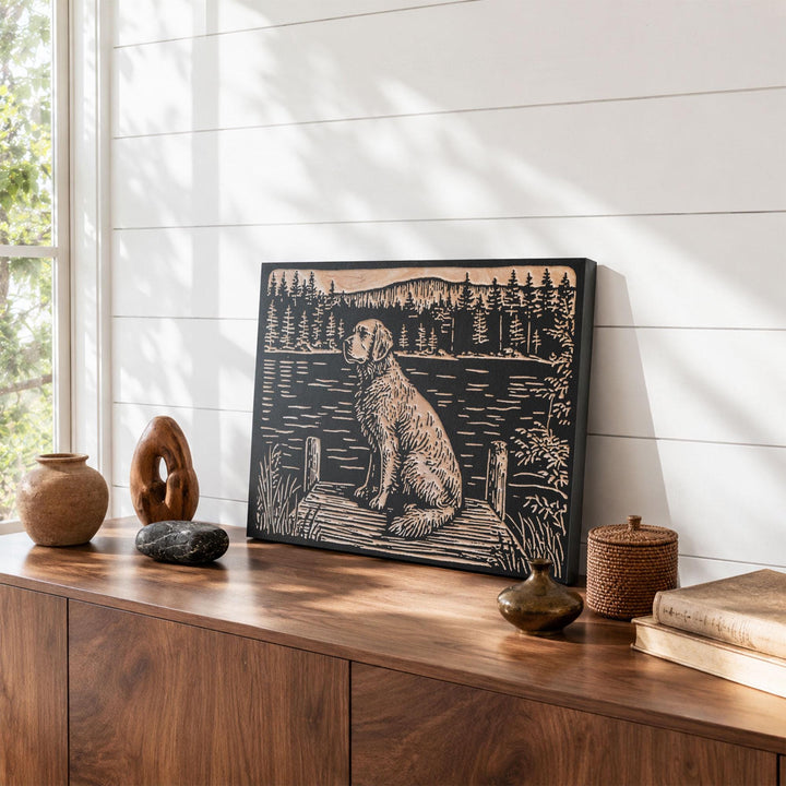 Golden Retriever on Dock Engraved Wood Panel