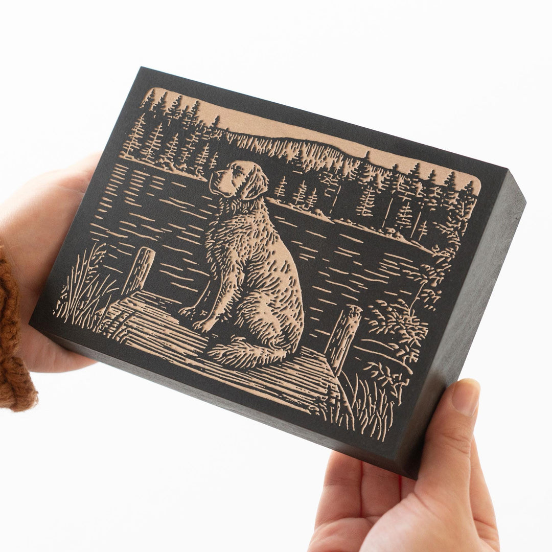 Golden Retriever on Dock Engraved Wood Panel