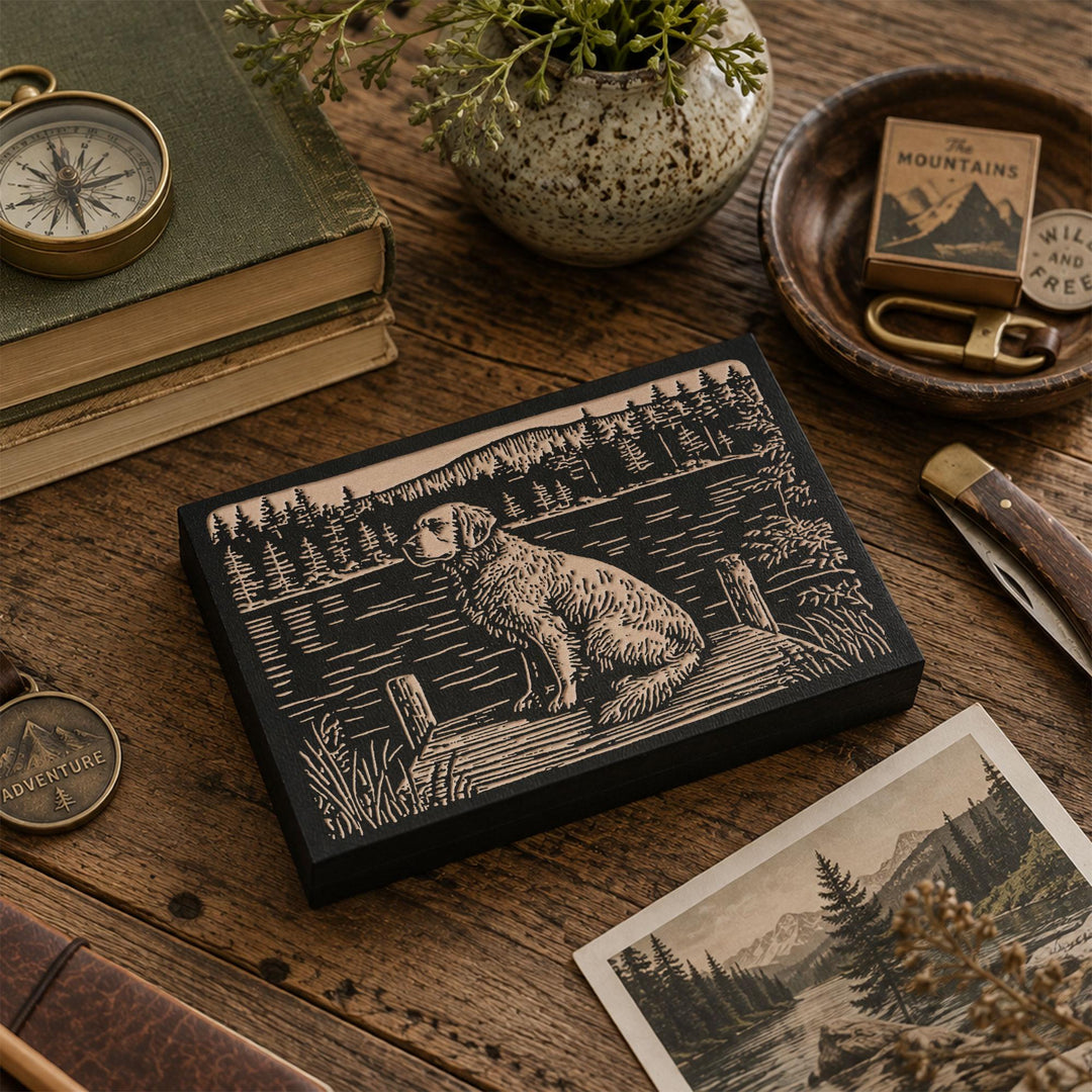 Golden Retriever on Dock Engraved Wood Panel