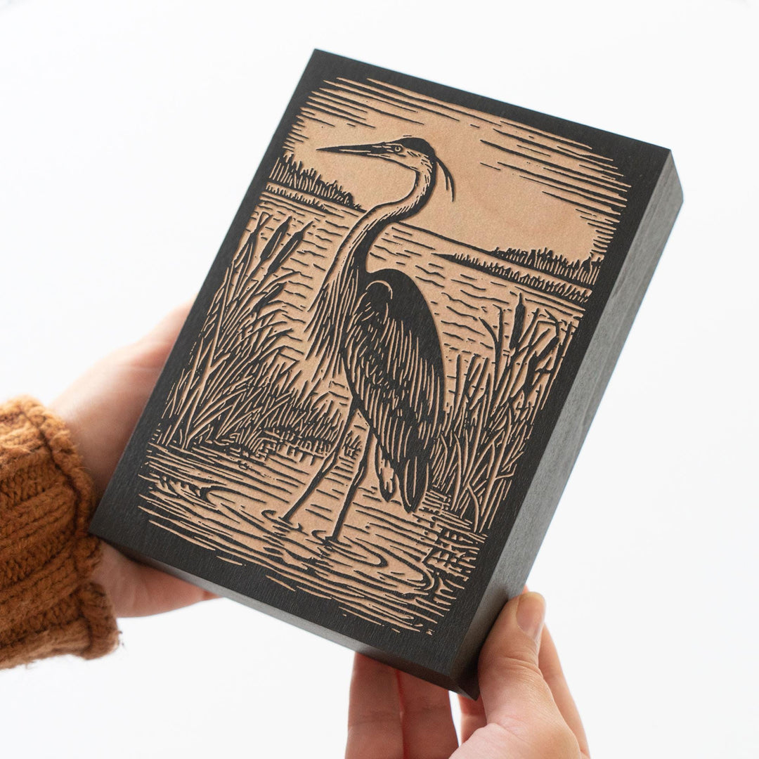 Great Blue Heron Engraved Wood Panel