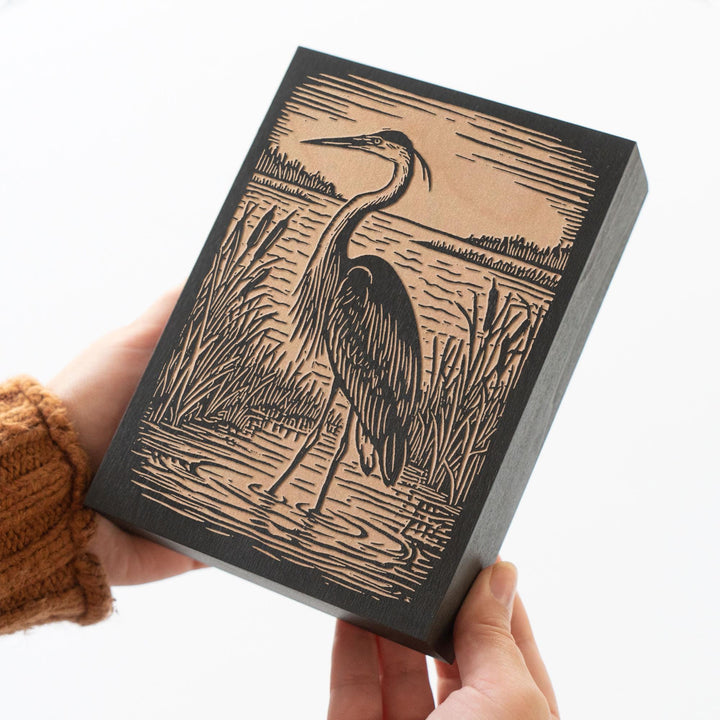 Great Blue Heron Engraved Wood Panel