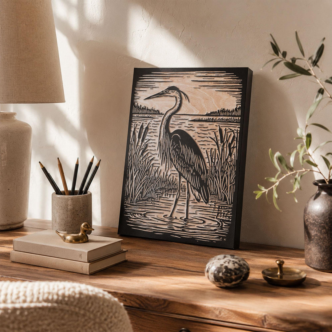 Great Blue Heron Engraved Wood Panel