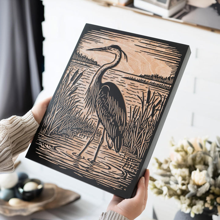 Great Blue Heron Engraved Wood Panel