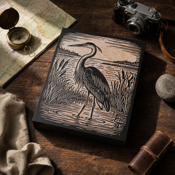 Great Blue Heron Engraved Wood Panel