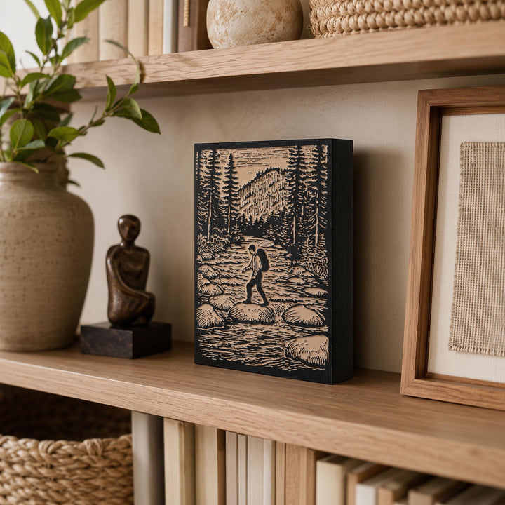 Hiker Crossing River Engraved Wood Panel