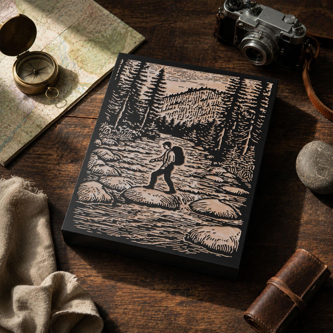 Hiker Crossing River Engraved Wood Panel