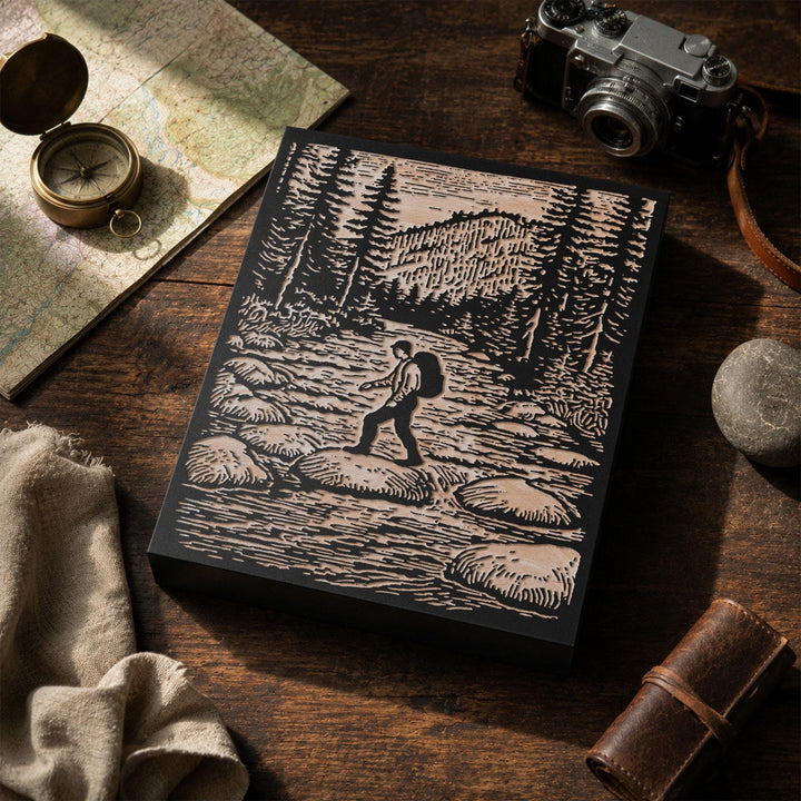 Hiker Crossing River Engraved Wood Panel