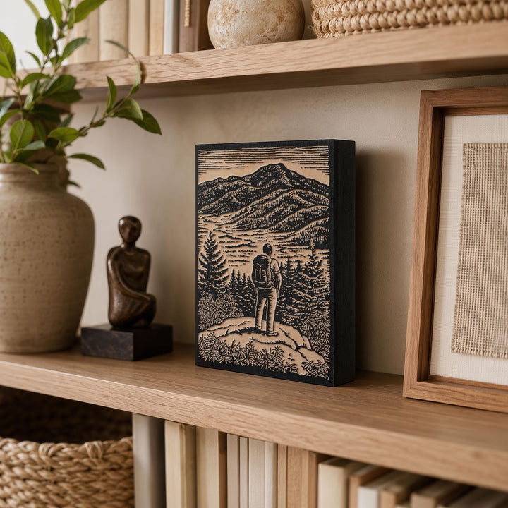 Mountain Overlook Hiker Engraved Wood Panel