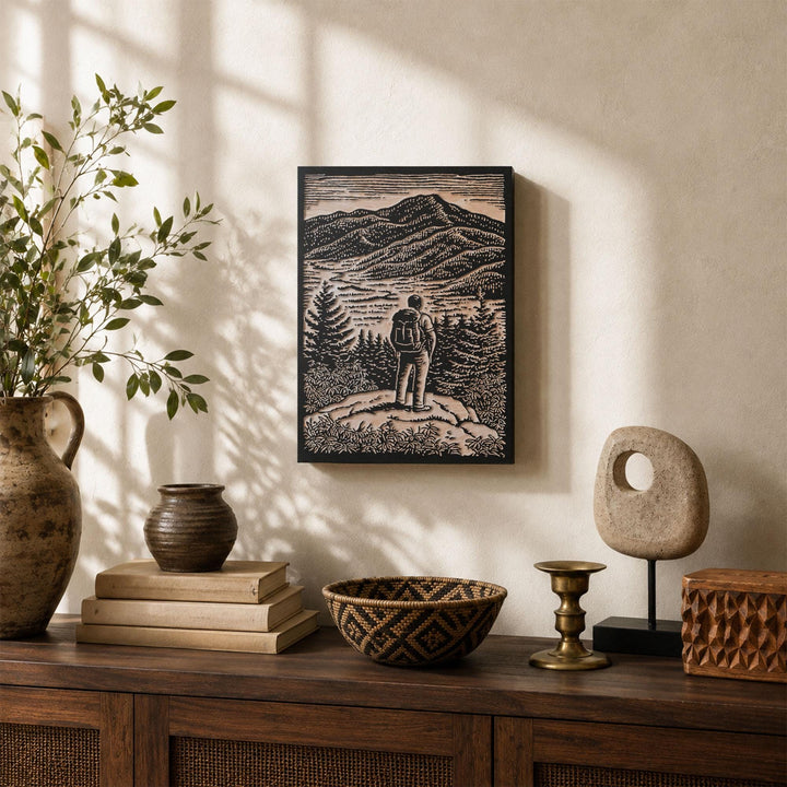 Mountain Overlook Hiker Engraved Wood Panel
