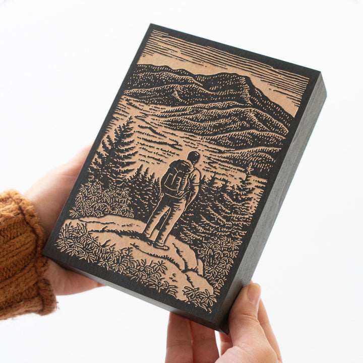 Mountain Overlook Hiker Engraved Wood Panel
