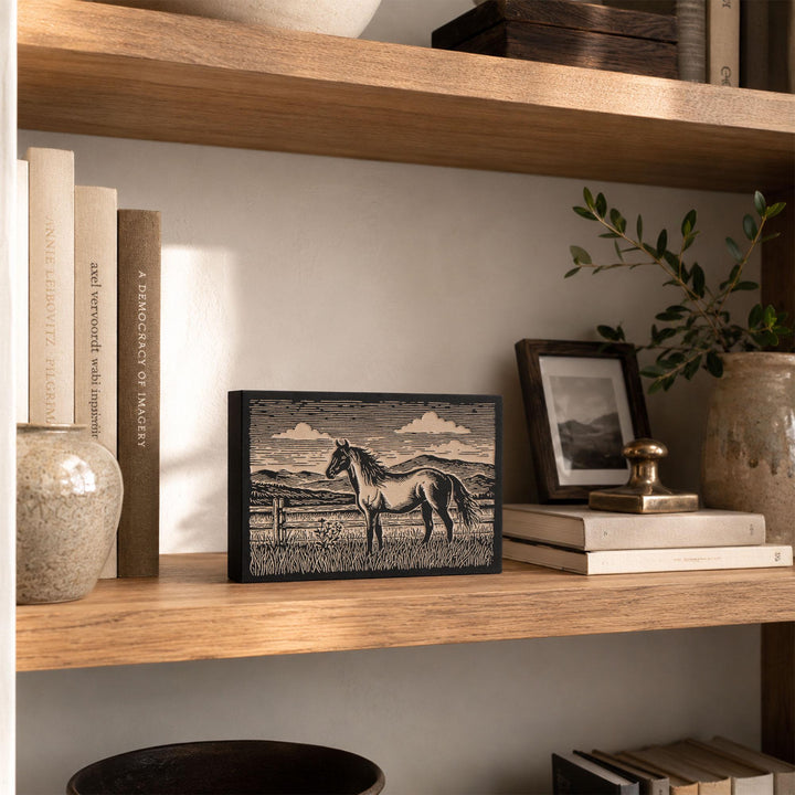 Horse at Fence Engraved Wood Panel