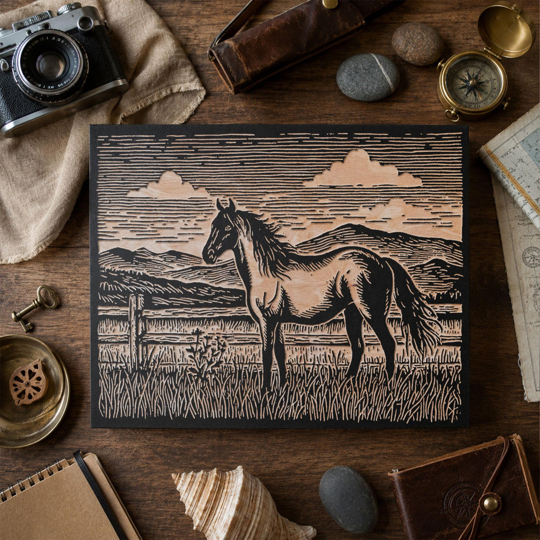 Horse at Fence Engraved Wood Panel