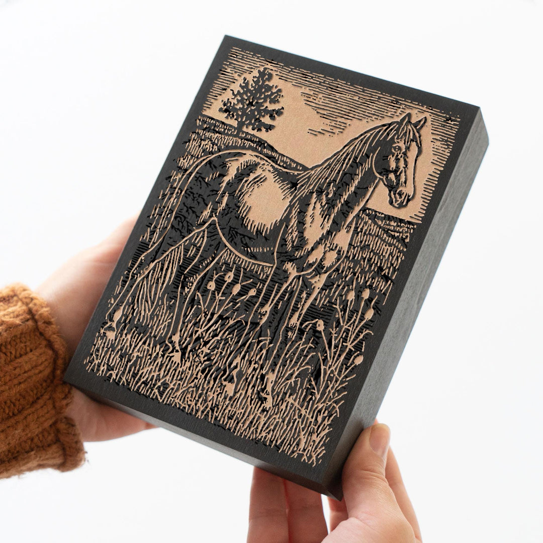 Horse in Tall Grass Engraved Wood Panel