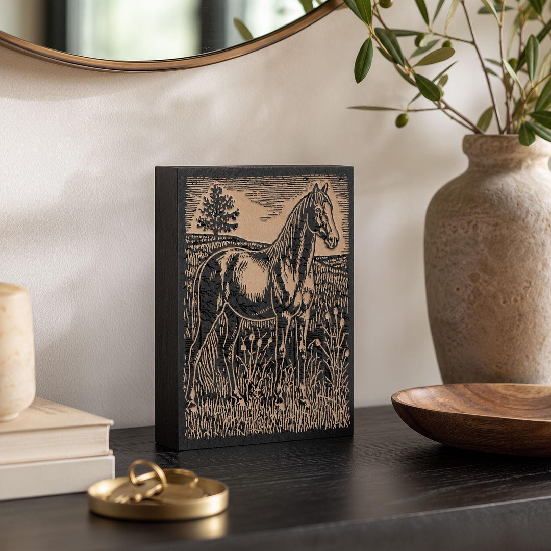 Horse in Tall Grass Engraved Wood Panel