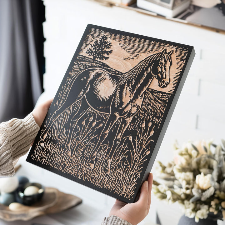 Horse in Tall Grass Engraved Wood Panel