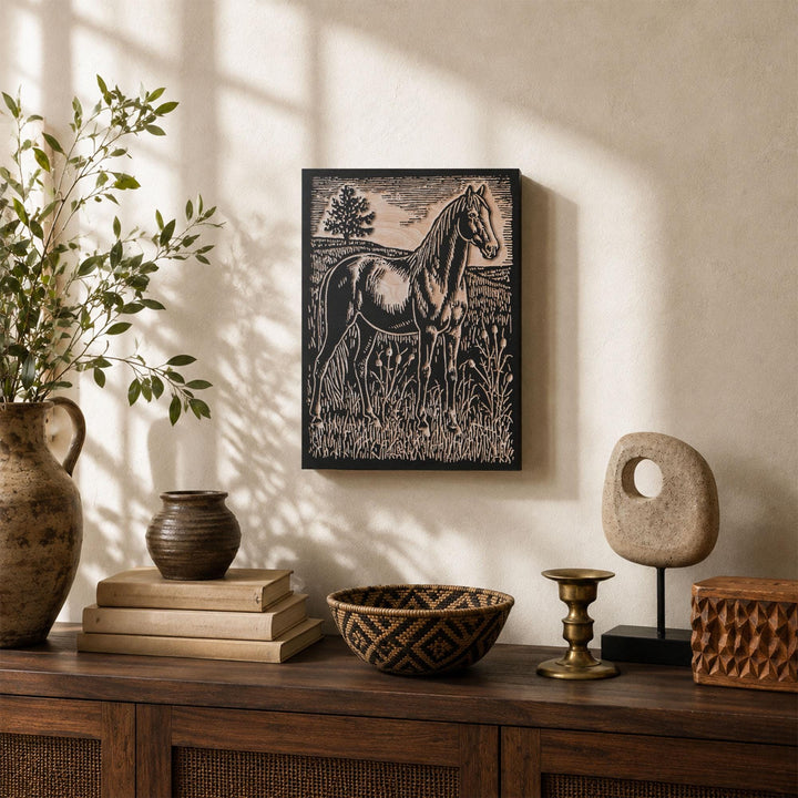 Horse in Tall Grass Engraved Wood Panel