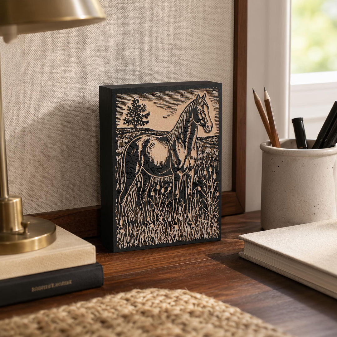 Horse in Tall Grass Engraved Wood Panel