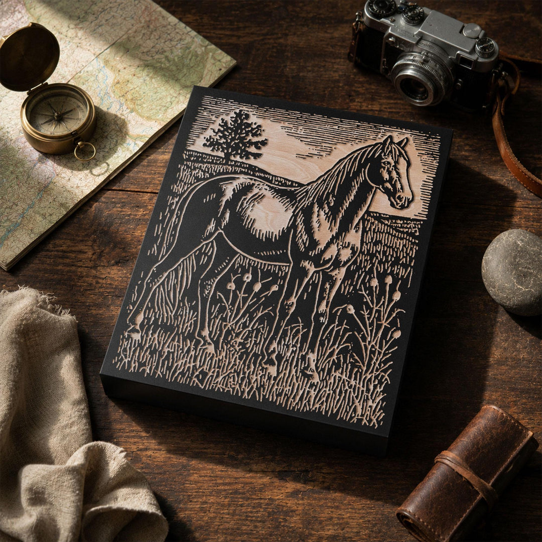 Horse in Tall Grass Engraved Wood Panel