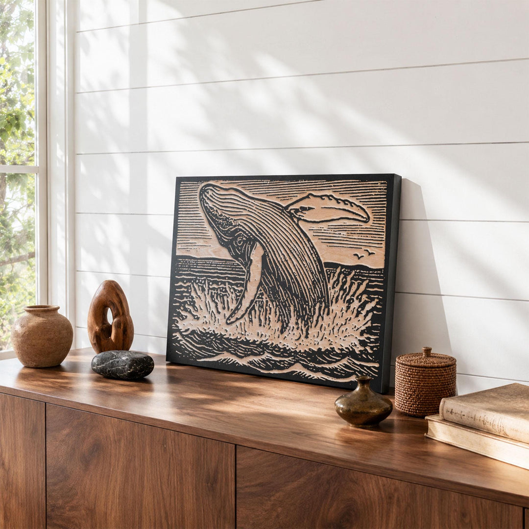 Humpback Breaching Engraved Wood Panel