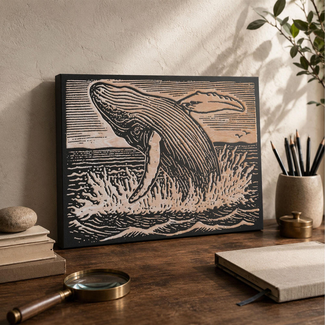 Humpback Breaching Engraved Wood Panel