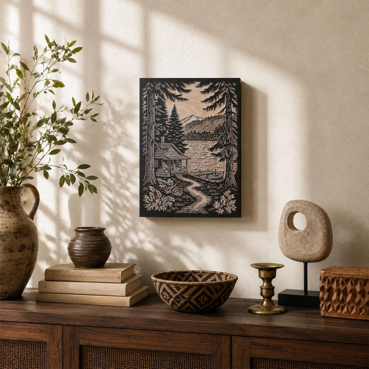 Lake Cabin Engraved Wood Panel