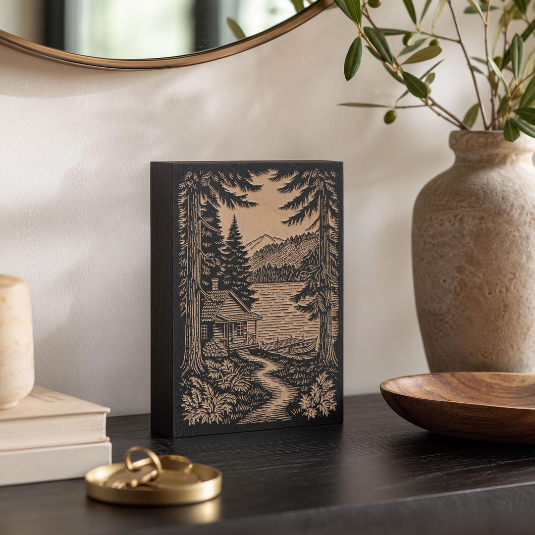 Lake Cabin Engraved Wood Panel