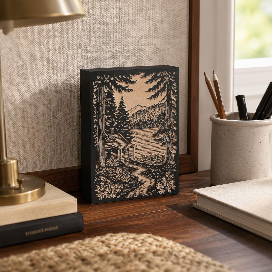 Lake Cabin Engraved Wood Panel