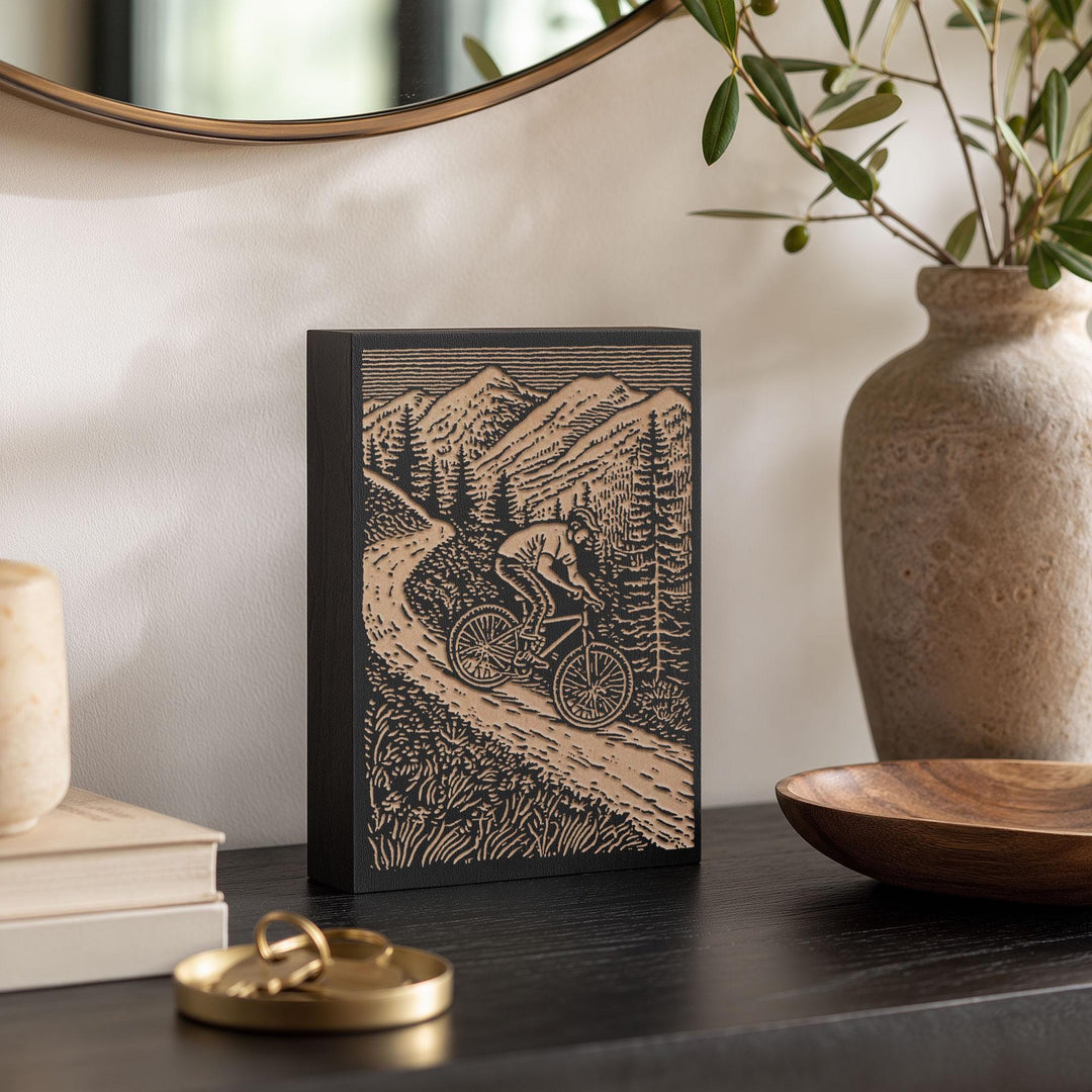 Mountain Biker Engraved Wood Panel