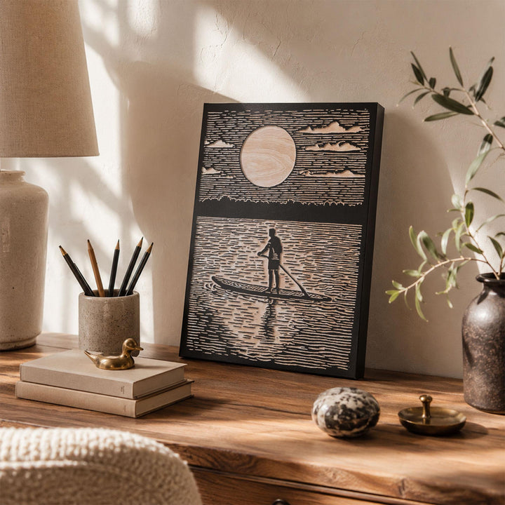 Paddleboard at Sunrise Engraved Wood Panel