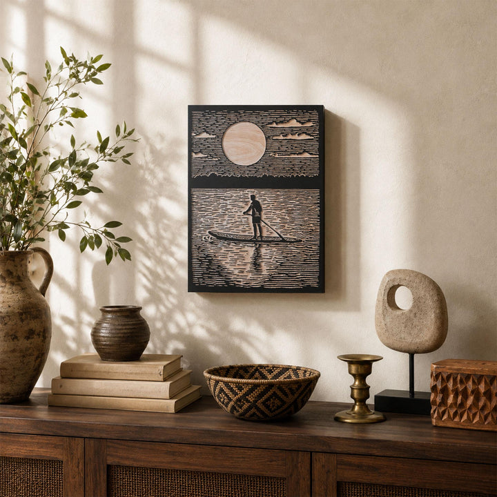 Paddleboard at Sunrise Engraved Wood Panel