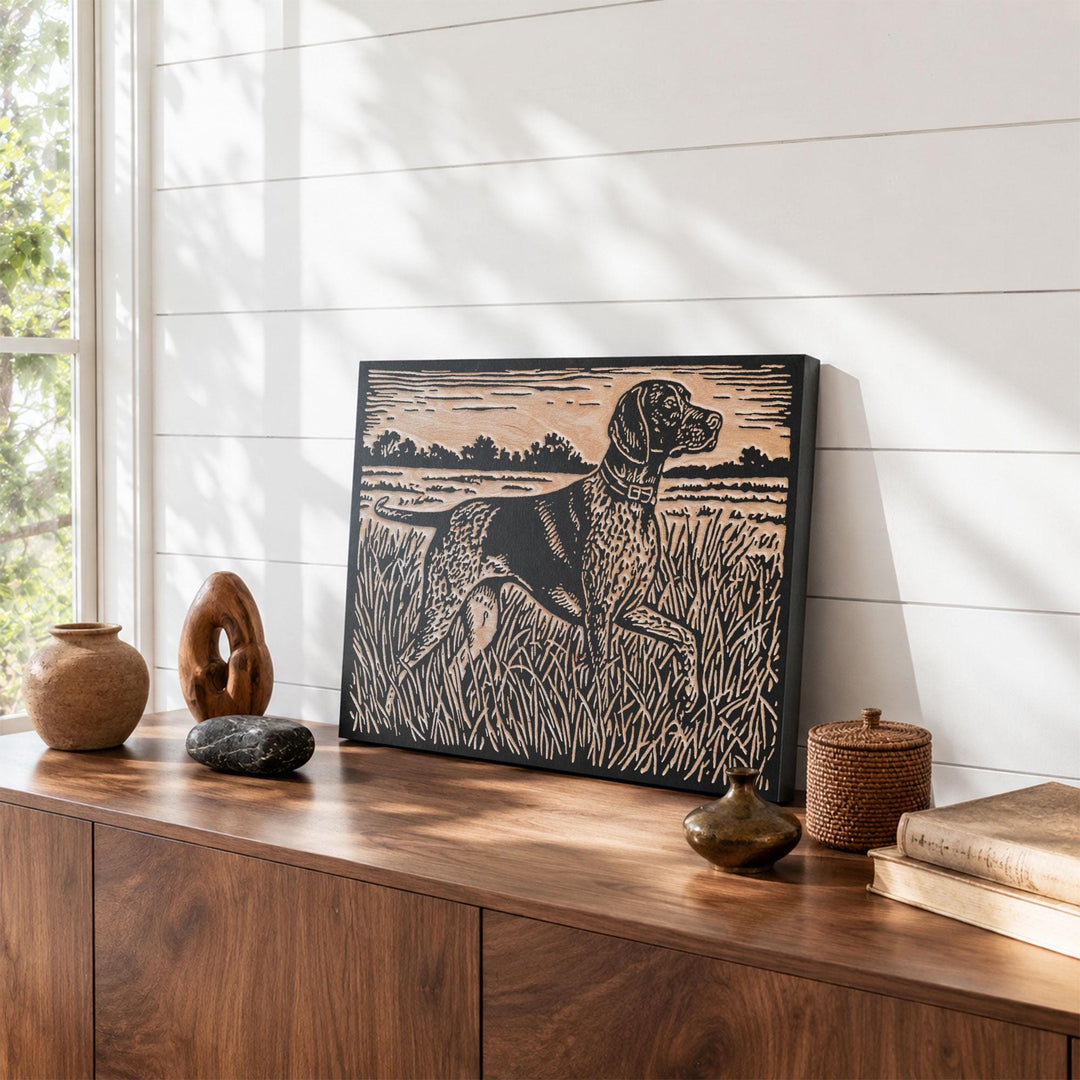 Pointer in Tall Grass Engraved Wood Panel