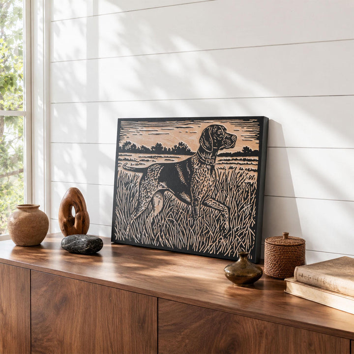 Pointer in Tall Grass Engraved Wood Panel