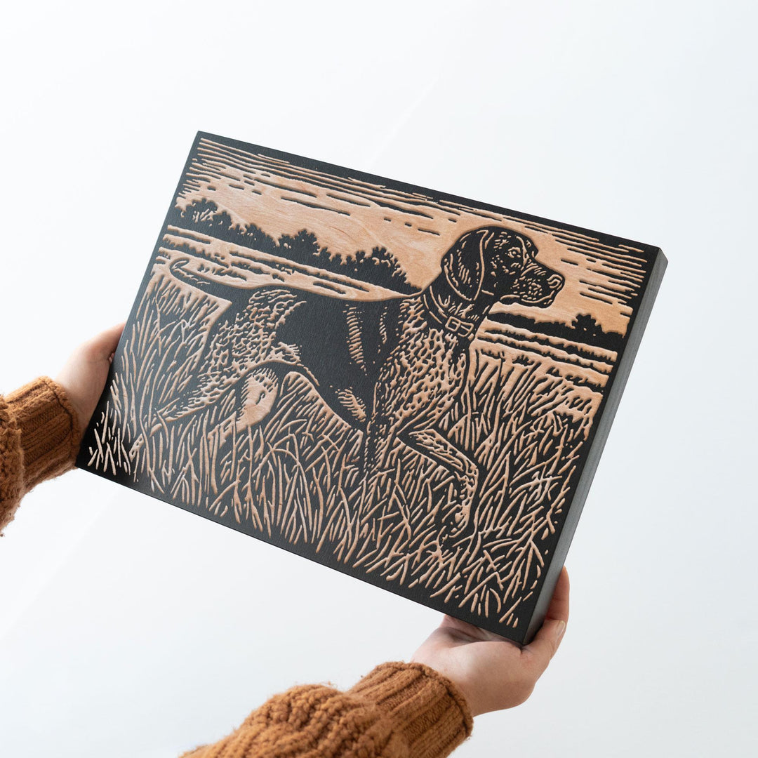 Pointer in Tall Grass Engraved Wood Panel