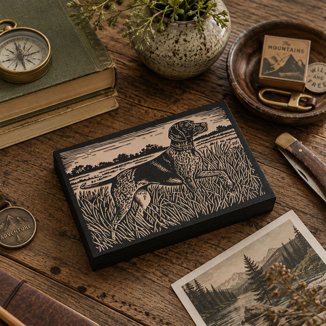 Pointer in Tall Grass Engraved Wood Panel
