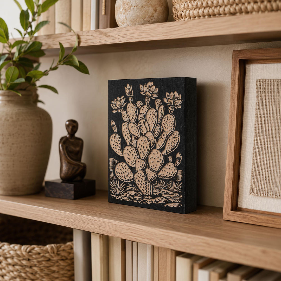 Prickly Pear Cactus Engraved Wood Panel