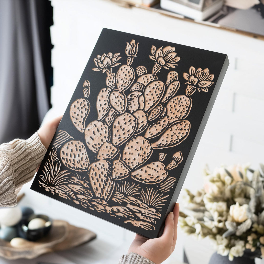 Prickly Pear Cactus Engraved Wood Panel