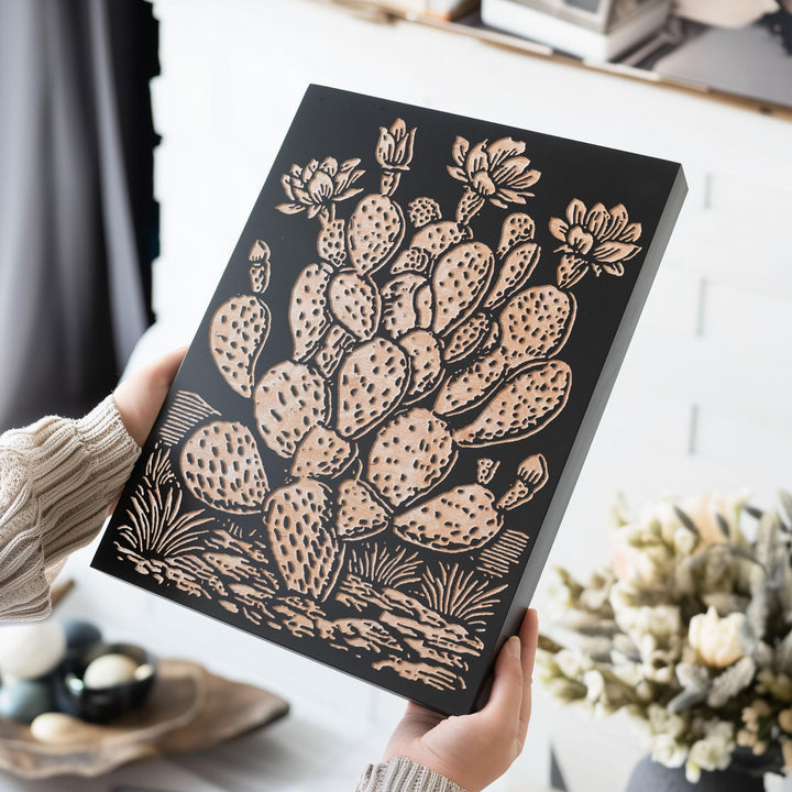Prickly Pear Cactus Engraved Wood Panel