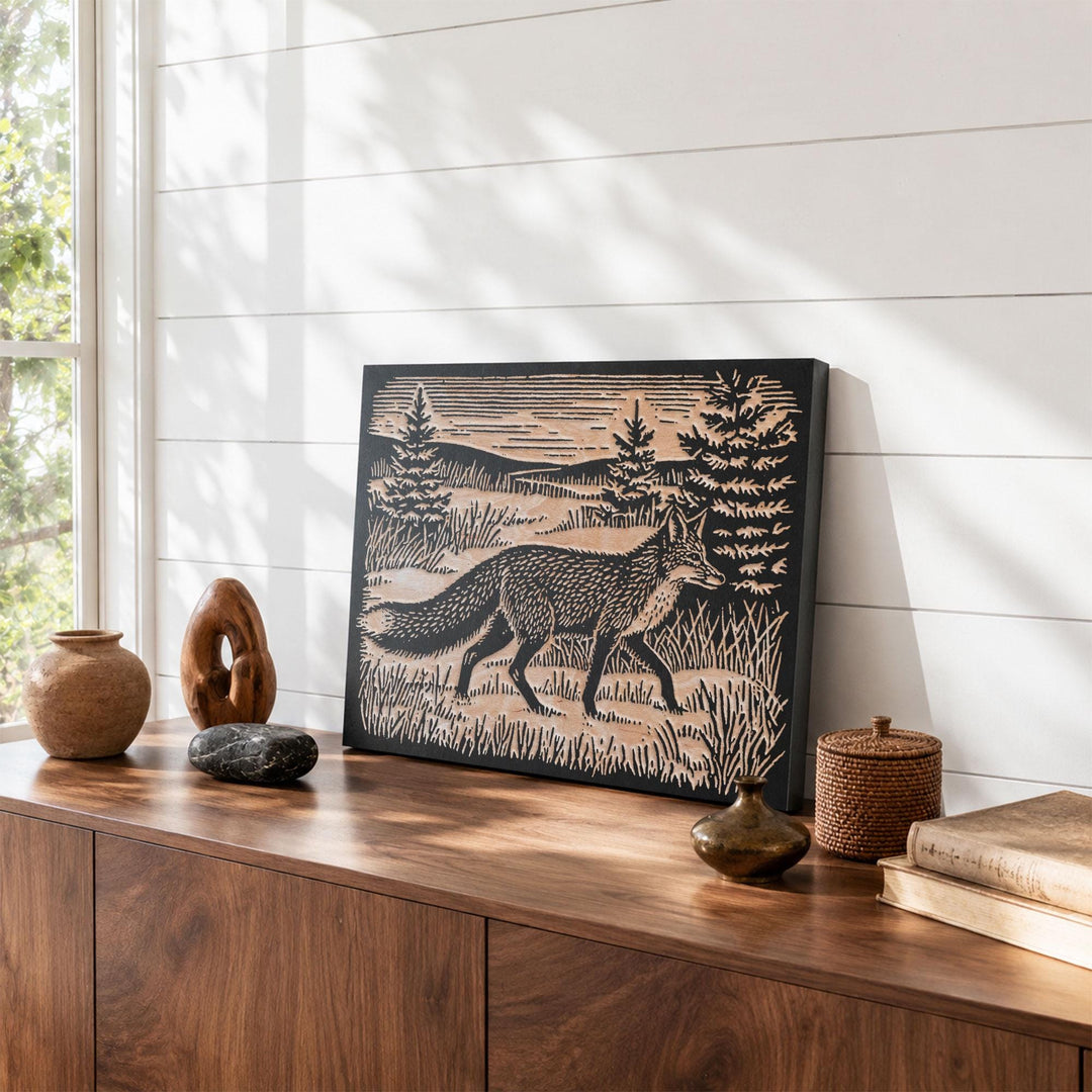 Red Fox in Winter Meadow Engraved Wood Panel