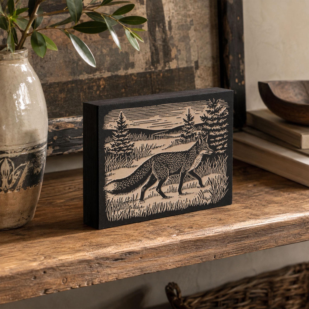 Red Fox in Winter Meadow Engraved Wood Panel