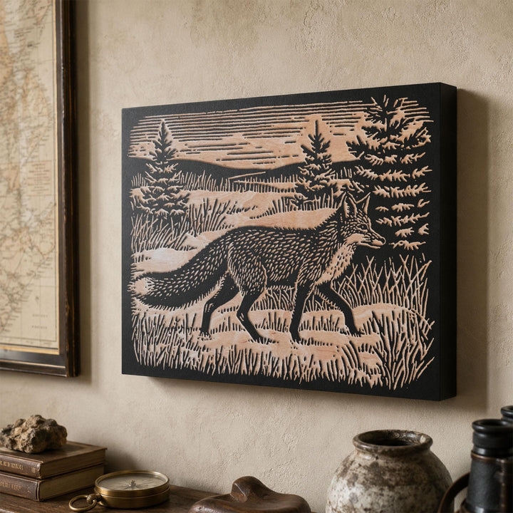 Red Fox in Winter Meadow Engraved Wood Panel
