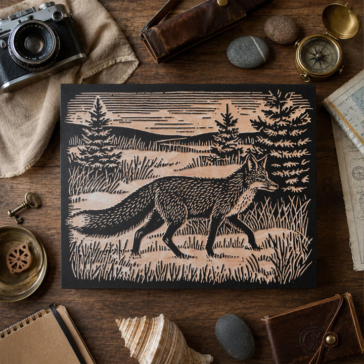 Red Fox in Winter Meadow Engraved Wood Panel