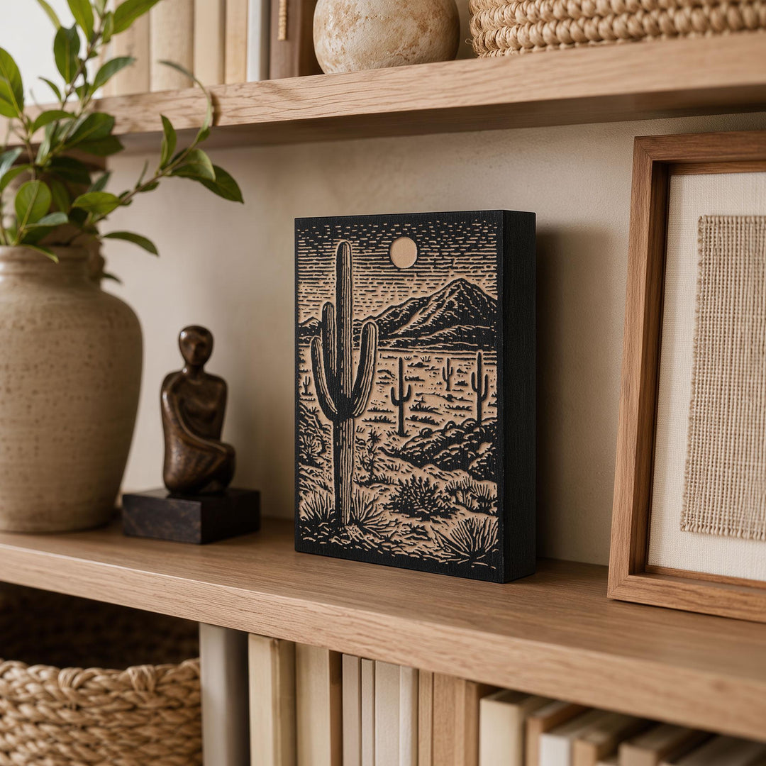 Saguaro Desert Landscape Engraved Wood Panel