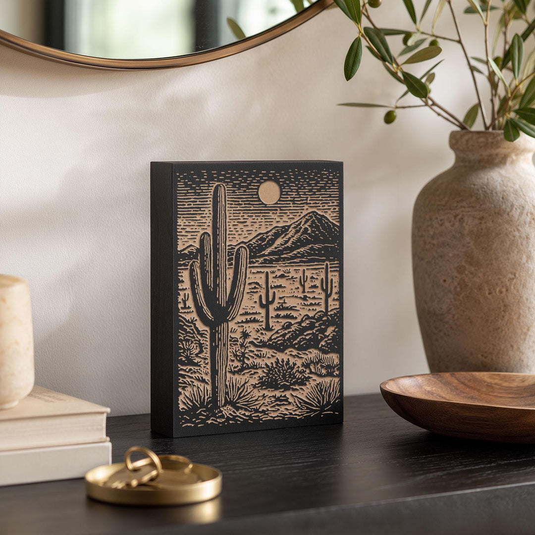 Saguaro Desert Landscape Engraved Wood Panel