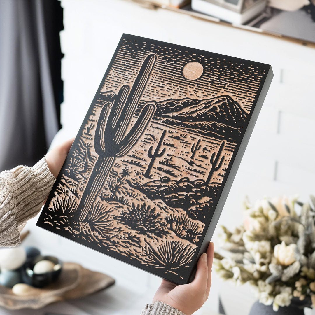 Saguaro Desert Landscape Engraved Wood Panel