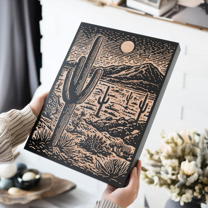 Saguaro Desert Landscape Engraved Wood Panel