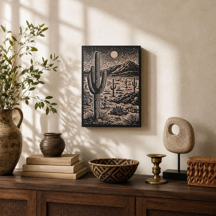Saguaro Desert Landscape Engraved Wood Panel